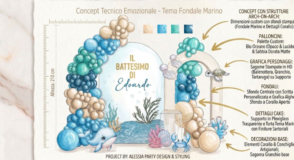 realizzazione di Alessia Vincenti di un progetto grafico "concept emozionale" di un allestimento con semi arco di palloncini tema mare.