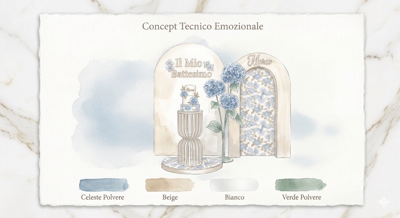 concept emozionale di un allestimento battesimo con fiori giganti di ortensia, il progetto è realizzato in stile acquarello da Alessia Vincenti Roma