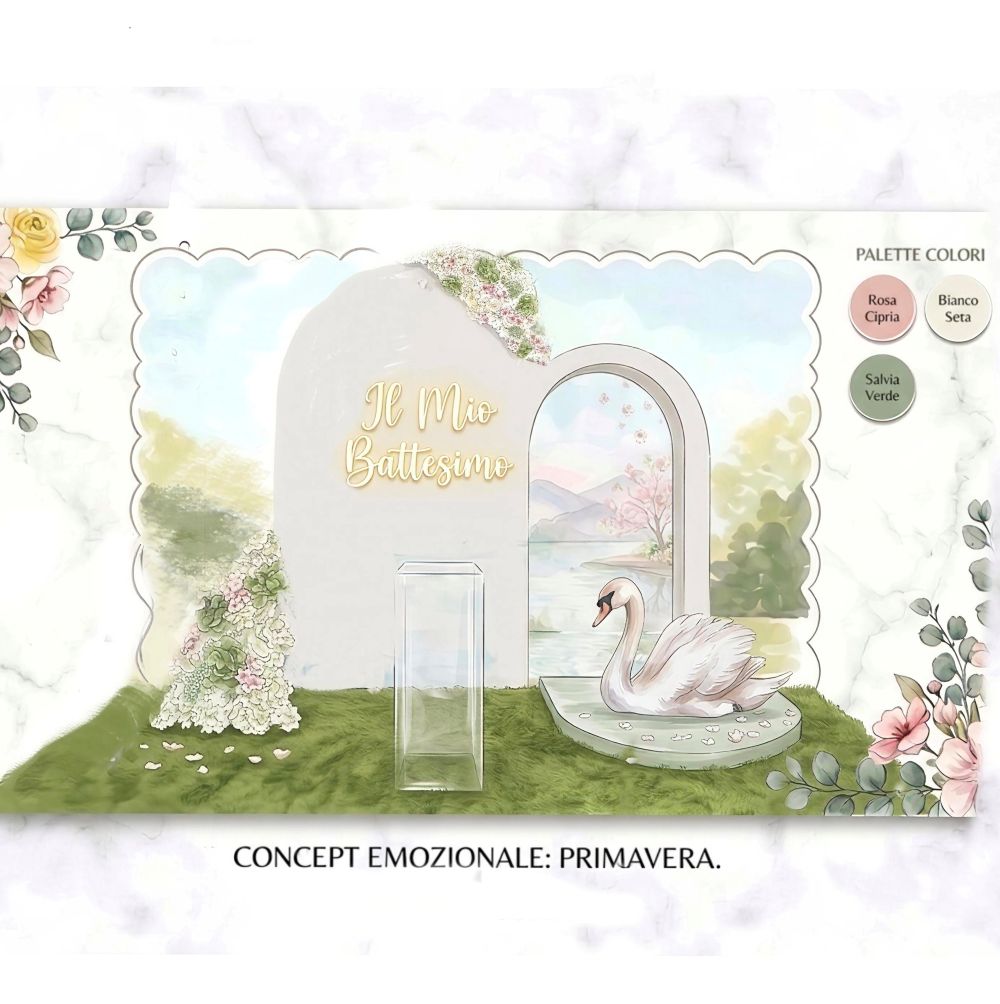 Concept emozionale (progetto grafico di Alessia Vincenti) di un allestimento tema cigno per un battesimo, con fondale decorato con stampa in acquarello e cigno , composizioni di fiori