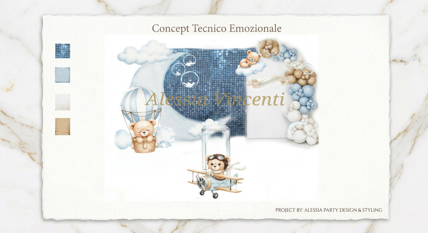 Progetto creativo di Alessia Vincenti: anteprima del Baby Shower Francesco. Studio grafico con palette colori, design personalizzato e disposizione degli elementi decorativi prima della realizzazione finale.